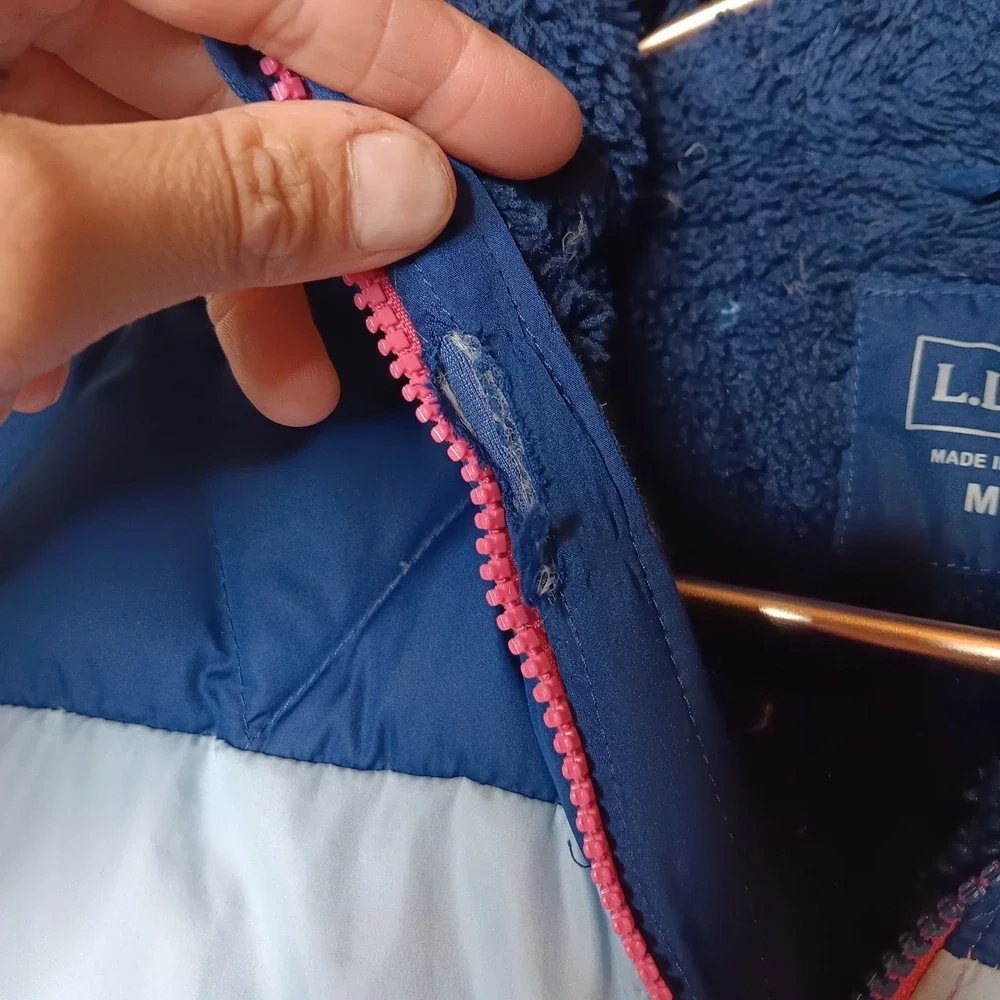 L.L. Bean Down Jacket Girls M 10-12 Pink Blue Colorblock Puffer Hooded Outdoor